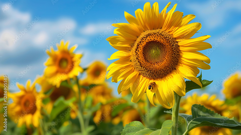 A vibrant sunflower field under a bright blue sky, with bees buzzing around the flowers in A vibrant sunflower field under a bright blue sky, with bees buzzing around the flowers in