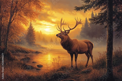 Majestic stag standing by a tranquil lake at sunset with vibrant autumn foliage in the background