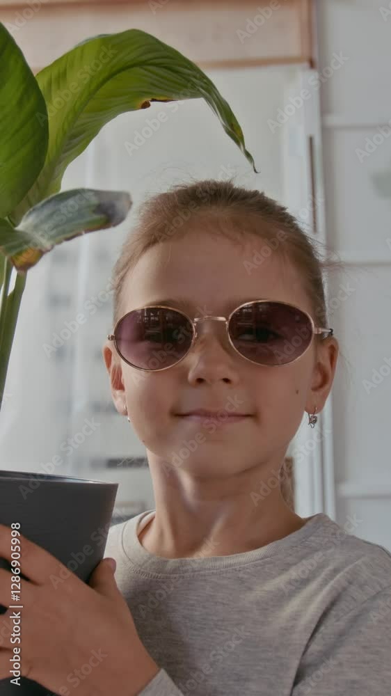 Vertical shot of little girl in sunglasses holding grey plastic flowerpot with domestic green plant while standing in front of camera in living room of new apartment during relocation Vertical shot of little girl in sunglasses holding grey plastic flowerpot with domestic green plant while standing in front of camera in living room of new apartment during relocation