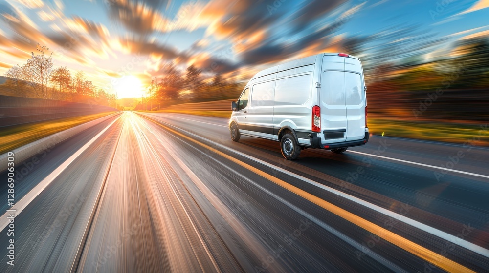 Fast white delivery van navigates highway towards suburban area for efficient business logistics Fast white delivery van navigates highway towards suburban area for efficient business logistics