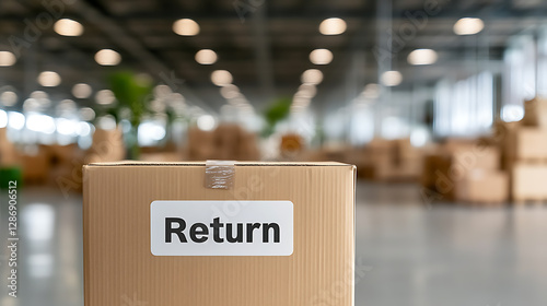 Package return in warehouse. Package with label.  Logistics, stock management, e-commerce returns, product returns, shipping and handling.