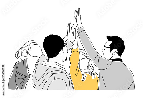 Excited business men and women giving high five celebrating success. Business team concept. Modern vector simple outline drawing for graphic, web design. Isolated
