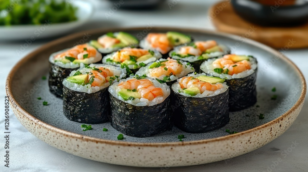 Fresh shrimp and avocado sushi rolls on a plate, with side dishes in the background Fresh shrimp and avocado sushi rolls on a plate, with side dishes in the background