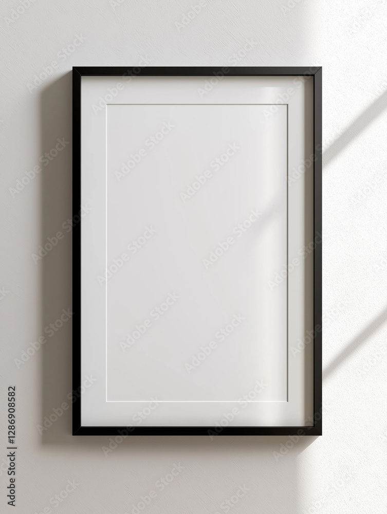 Black frame mockup hanging on white wall with window light Black frame mockup hanging on white wall with window light