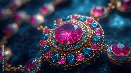 Close-up of ornate antique necklace with rubies and sapphires on dark surface