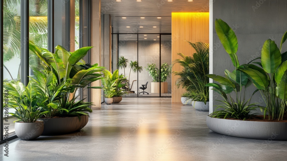 Fototapeta premium A contemporary office design with large planters of tropical plants lining the walkway, adding a natural aesthetic