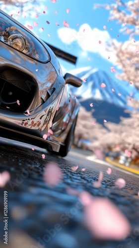 Sports car, cherry blossoms, Mt. Fuji.  Travel poster