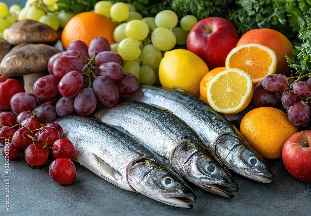 Fresh Seafood with Colorful Fruits and Vegetables on a Gray Background, Showcasing Healthy Eating and Culinary Preparation Concepts Fresh Seafood with Colorful Fruits and Vegetables on a Gray Background, Showcasing Healthy Eating and Culinary Preparation Concepts
