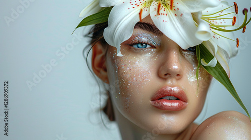 A mesmerizing portrait of beauty, where dewy skin and a white lily create an ethereal look