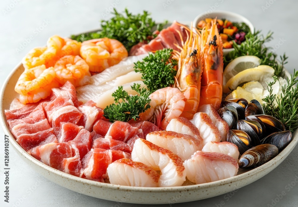 Fresh Seafood Platter Featuring Shrimp, Fish, Crab, Mussels, and Garnish on Elegant Plate for Culinary Presentation and Gastronomy Photography