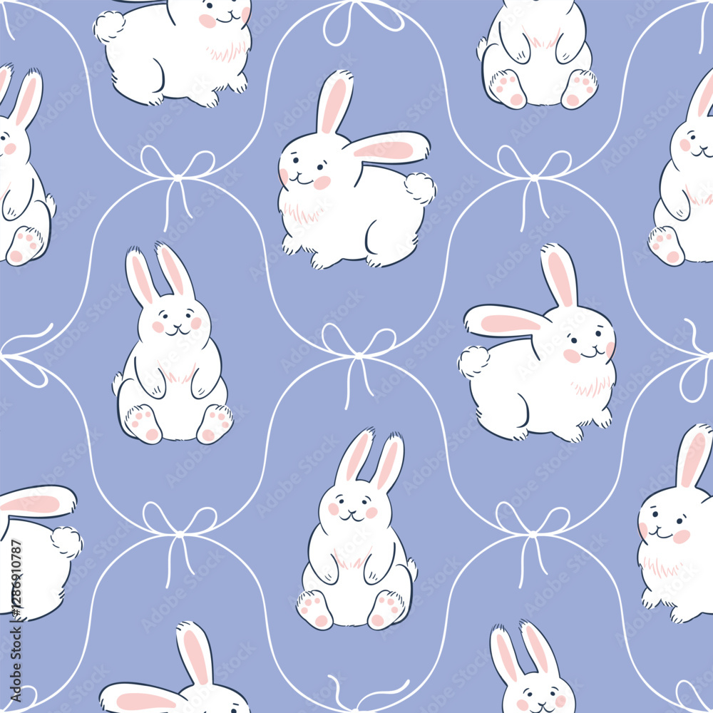 Obraz premium Vector seamless pattern with funny hares in vintage style. White cute rabbits on light purple damask background.Easter bunnies.Stylish animal fabric design. Funny print for kids wallpaper,fabric