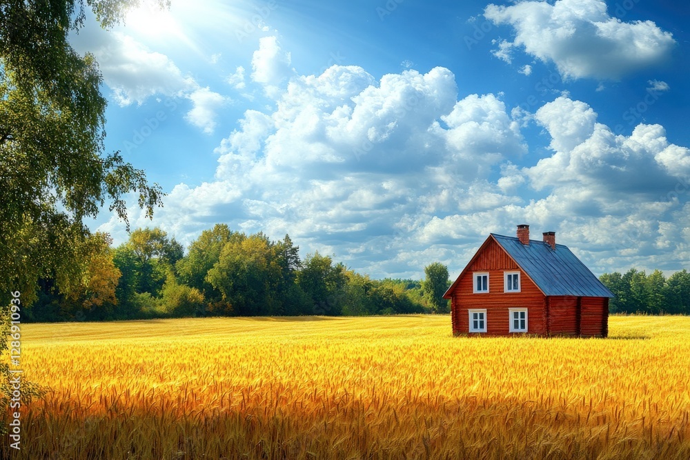 Rustic red house in golden wheat field under bright blue sky with fluffy clouds near a forest during sunny day Rustic red house in golden wheat field under bright blue sky with fluffy clouds near a forest during sunny day