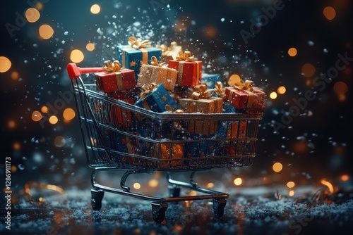 Shopping Cart Filled With Festive Christmas Gifts