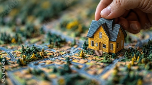 A Hand Places Miniature House On Model City Map