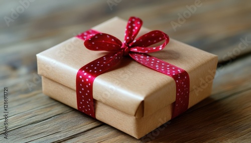 A small gift box with a red polka dot ribbon