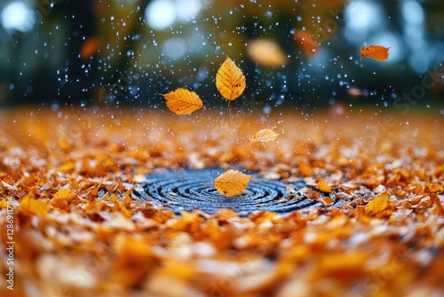 Autumn Leaves Falling in Rain on Spiral Wood
