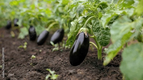 Eggplants growing in a garden row showing dark purple fruits