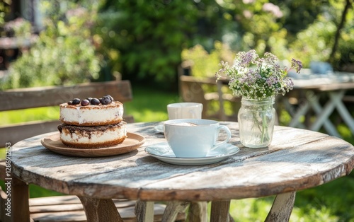 Delicious Cake and Coffee Enjoyed Outdoors in a Garden Setting