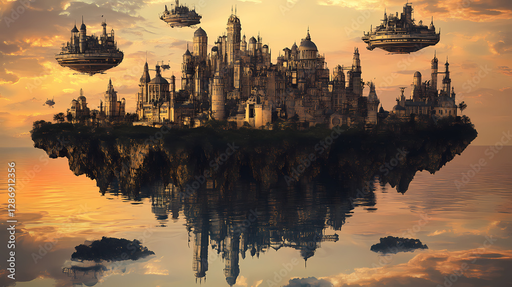 Naklejka premium A majestic steampunk city with airships at sunset and floating islands. Steampunk Sky Fortress. Illustration