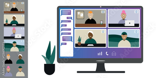 Video call conference, working from home. Colleagues of different nationalities and ages talk to each other on computer screen. Isolated illustration on white background in flat style trendy colors