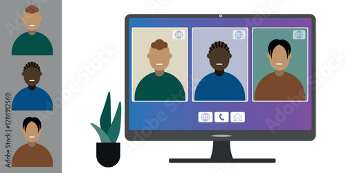 Video call conference, working from home. Colleagues of different nationalities and ages talk to each other on computer screen. Isolated illustration on white background in flat style trendy colors
