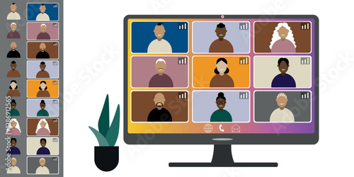 Video call conference, working from home. Colleagues of different nationalities and ages talk to each other on the laptop screen. Isolated illustration on white background in flat style trendy colors