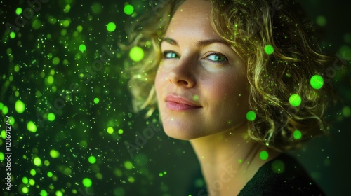 Woman with blonde curly hair and green bokeh background
