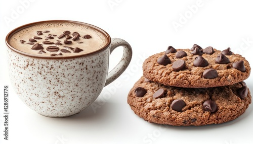 A cup of coffee with chocolate chips and chocolate chip cookies