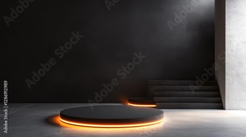 Illuminated Black Circular Platforms Minimalist Scene