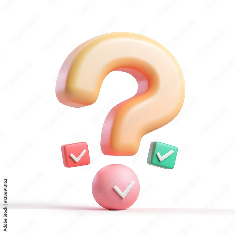 3D Cartoon Question Mark Icon with Checkboxes on White Background