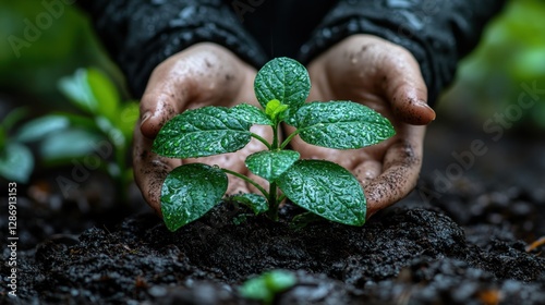 Hands Gently Cradle a Small Green Plant Seedling