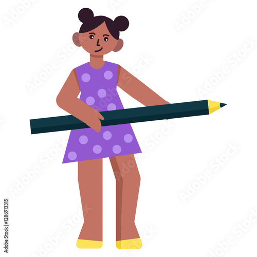 Little girl in a dress holding a big pencil, ready to draw, kid, kindergarden age child