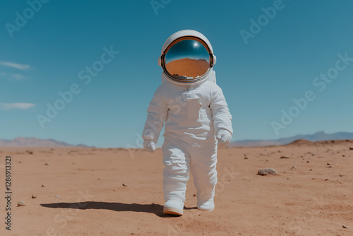 Astronaut walking on a desert planet, with a clear blue sky in the background and mountains in the distance. Exploration and adventure concept. photo