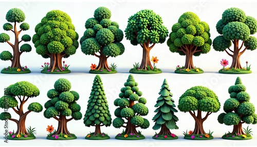 Cartoon Style Green Trees Collection 3D Rendered Lush Foliage Game Assets