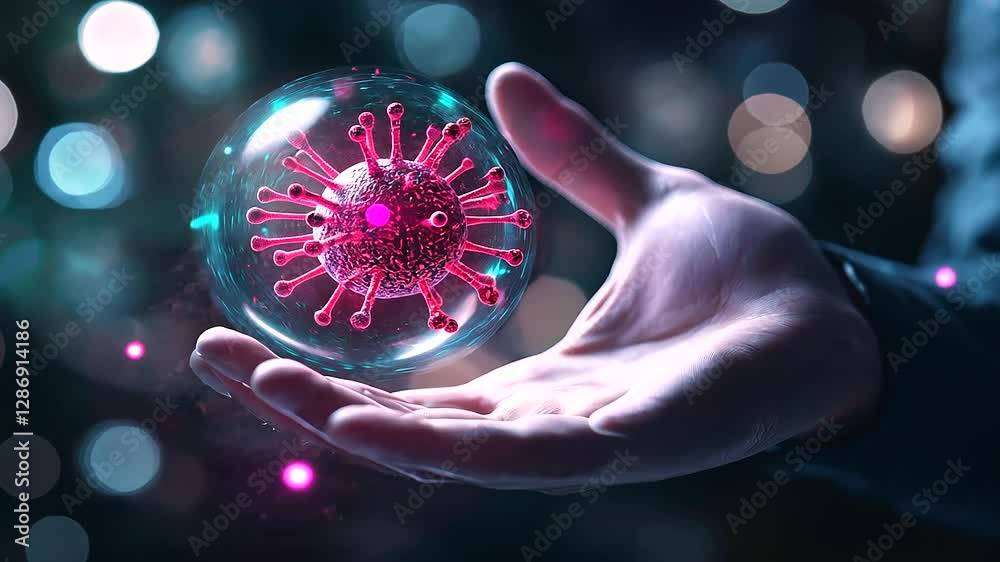 A futuristic hand holographically projecting vibrant, colorful digital bacteria in a glowing sphere, symbolizing the microbiome's influence on personalized nutrition