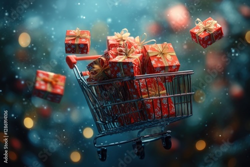 A Shopping Cart Filled With Red Christmas Gifts