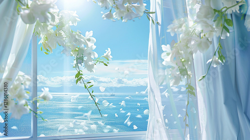 White drapes billow gently, revealing a breathtaking ocean horizon kissed by floating petals
