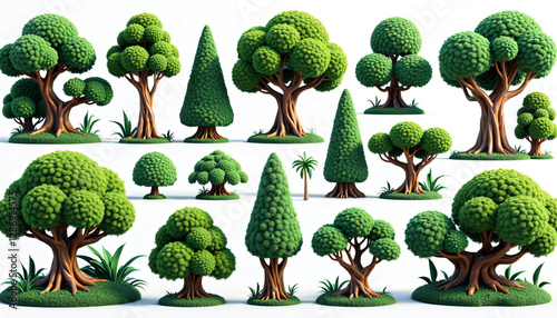 Cartoon Style Green Trees Collection Lush Foliage Various Shapes Sizes 3D Render