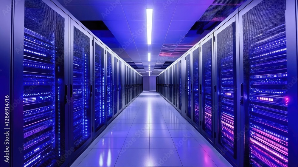 Fototapeta premium High-Tech Data Center Corridor Showcasing Advanced Rack Servers, Supercomputers, and Cloud Storage Innovations in a Futuristic Setting