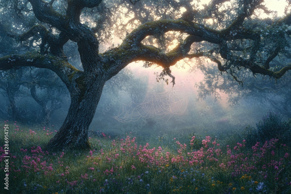 Enchanted forest at sunrise, majestic oak tree, dewy spiderweb, magical meadow bathed in soft light. Enchanted forest at sunrise, majestic oak tree, dewy spiderweb, magical meadow bathed in soft light.
