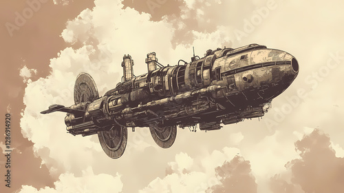 Flying fortress in the sky, steampunk, dieselpunk style. Steampunk Sky Fortress. Illustration