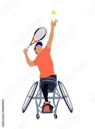 Young man athlete with disability playing tennis sitting in wheelchair. Disabled sportsman hold racket hitting ball. Guy without leg doing sports. Vector illustration isolated