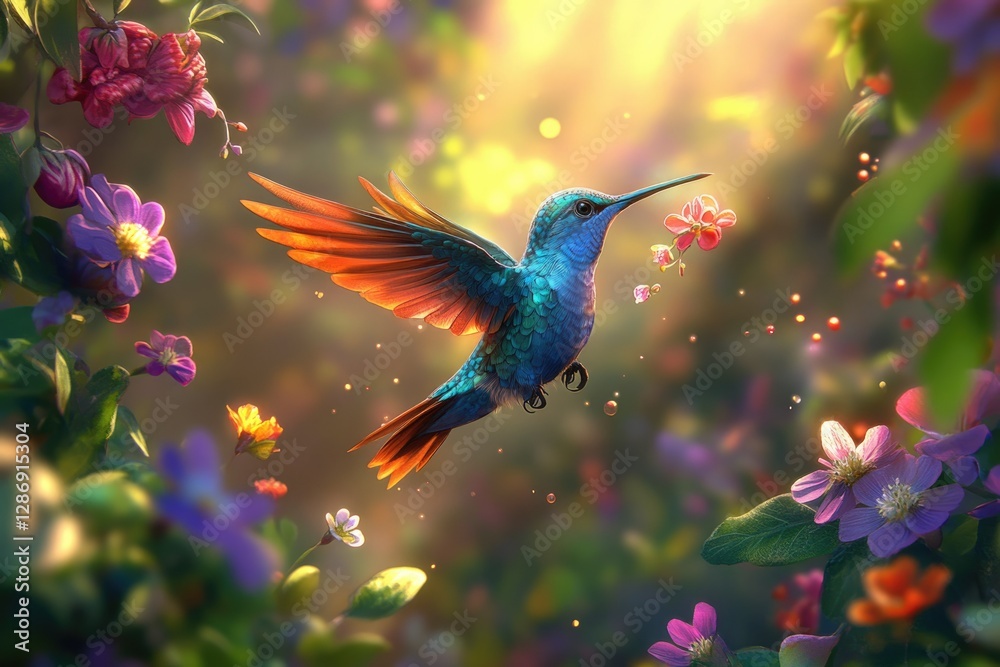 Obraz premium A vibrant hummingbird hovers near colorful flowers in a sun-drenched garden, a breathtaking scene of nature's beauty.