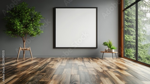 Large white framed picture hangs on a wall in a room with a wooden floor. , Copy Space and Blank Frame