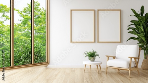 White room with a large window and a white chair. , Copy Space and Blank Frame