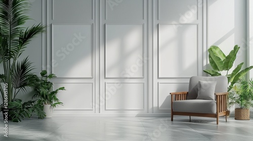 White room with a chair and a plant. , Copy Space and Blank Frame
