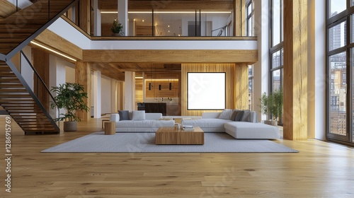 Large, open living room with a white couch, a coffee table, and a potted plant. , Copy Space and Blank Frame