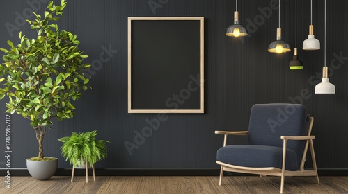 Black and white room with a large framed picture and a blue chair. , Copy Space and Blank Frame