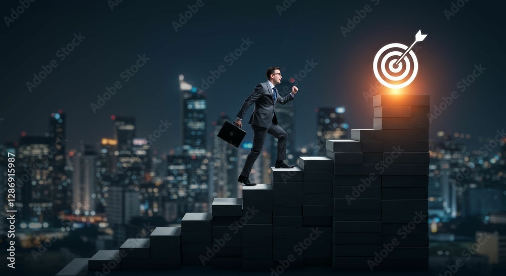 Businessman's ascent towards a radiant target in a futuristic cityscape Businessman's ascent towards a radiant target in a futuristic cityscape