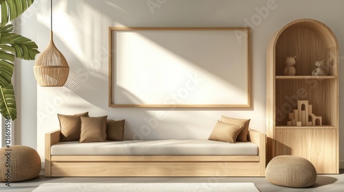 White room with a wooden frame and a white wall. , Copy Space and Blank Frame